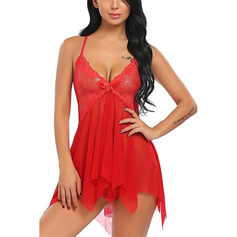 Xmarks Women Lingerie Babydoll Lace Nightgown Mesh Chemise Boudoir