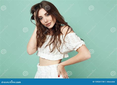 Beautiful Brunette Woman With Juicy Lips In White Costume Stock Photo Image Of Lips