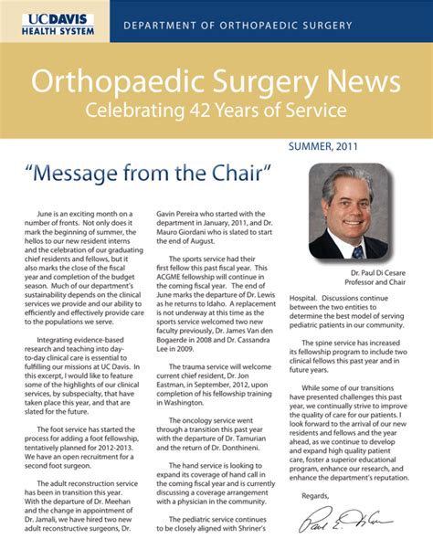 Orthopaedic Surgery News Message From The Chair” Celebrating 42 Years