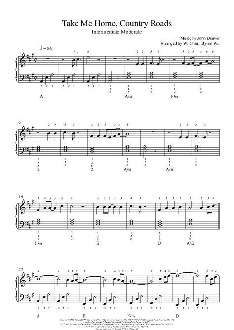 Take Me Home Country Roads By John Denver Piano Sheet Music