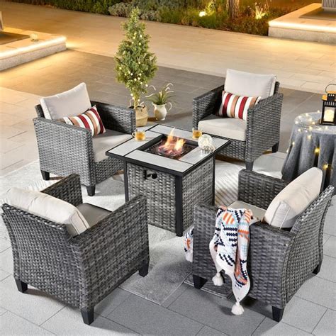 Ovios New Vultros Gray Piece Wicker Patio Fire Pit Conversation