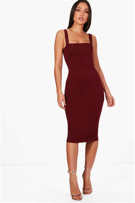 Boohoo Cotton Square Neck Bodycon Midi Dress In Berry Blue Lyst