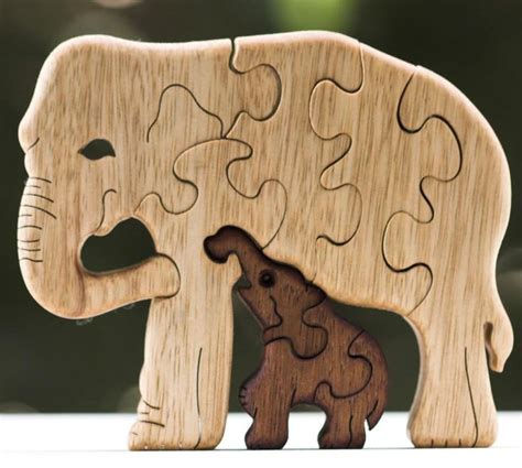 Wooden Elephant Puzzle Mama Elephant With Her Baby Etsy Holzpuzzle