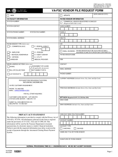 Va Form Va Fsc Vendor File Request Form Fsc Vendor File