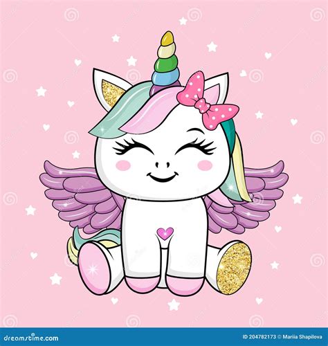 Lindo Unicornio Pequeño Con Alas Y Elementos De Brillo De Oro