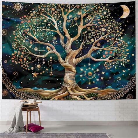 BCIIG Moon Phase Tree Of Life Tapestry Nature Flower Plant Butterfly