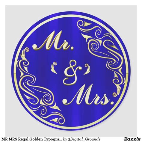 Mr Mrs Regal Golden Typography Royal Blue Wedding Classic Round Sticker