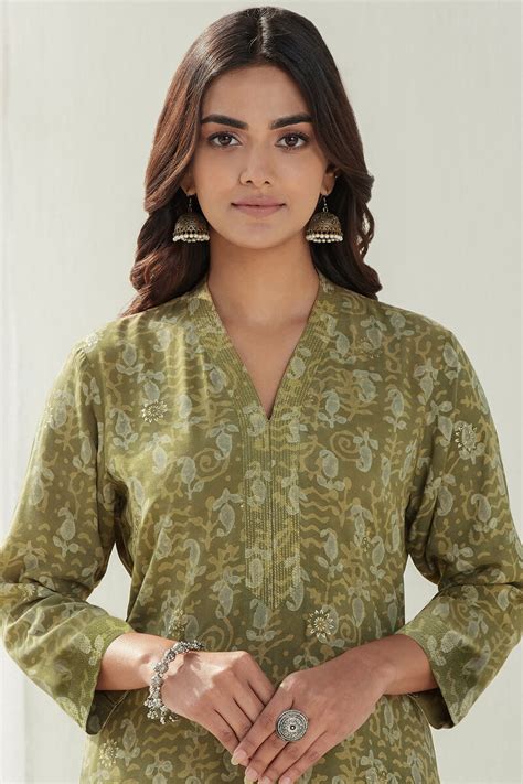 Buy Green Hand Block Printed Straight Modal Kurta For Women Fgmk22