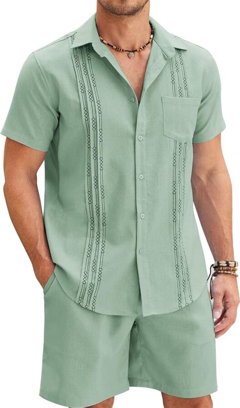 COOFANDY Guayabera Linen Suit For Men Mexican Style Beach Vacation