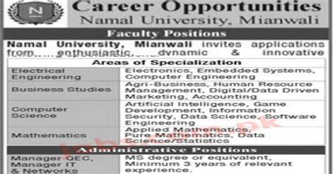 Namal University Mianwali Jobs 2022 for Teaching Faculty and Non ...