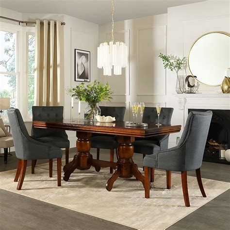 Chatsworth Extending Dining Table And 4 Duke Chairs Dark Solid Hardwood Slate Grey Classic Linen