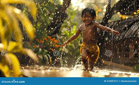 Nocence Child Playing in Rain Stock Illustration - Illustration of ...