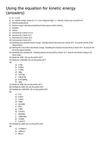 Kinetic Energy Practice Questions And Answers Teaching Resources