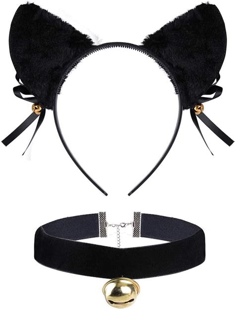 Flofia Cosplay Cat Ears Headband With Choker Necklace Collar Necklace With Bell Cat Ear