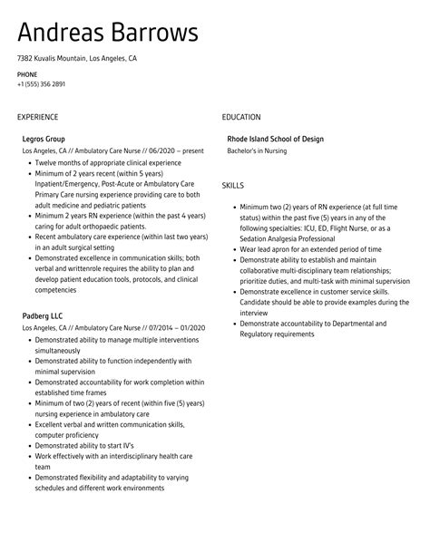 Ambulatory Care Nurse Resume Samples Velvet Jobs