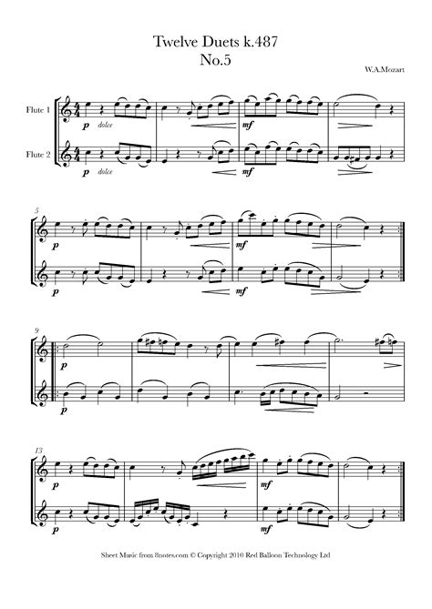 Mozart Twelve Duets K487 No5 Sheet Music For Flute Duet