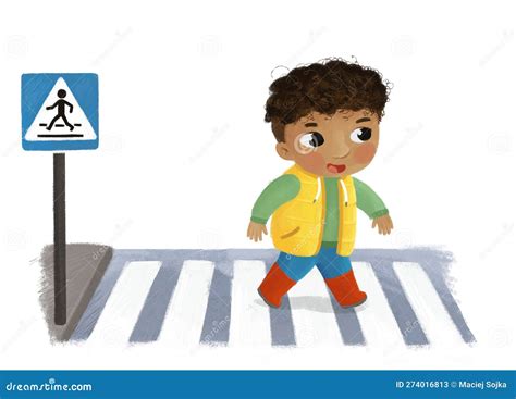 Cartoon Scene with Child Boy Going through Crossing in the City Street Illustration for Kids ...