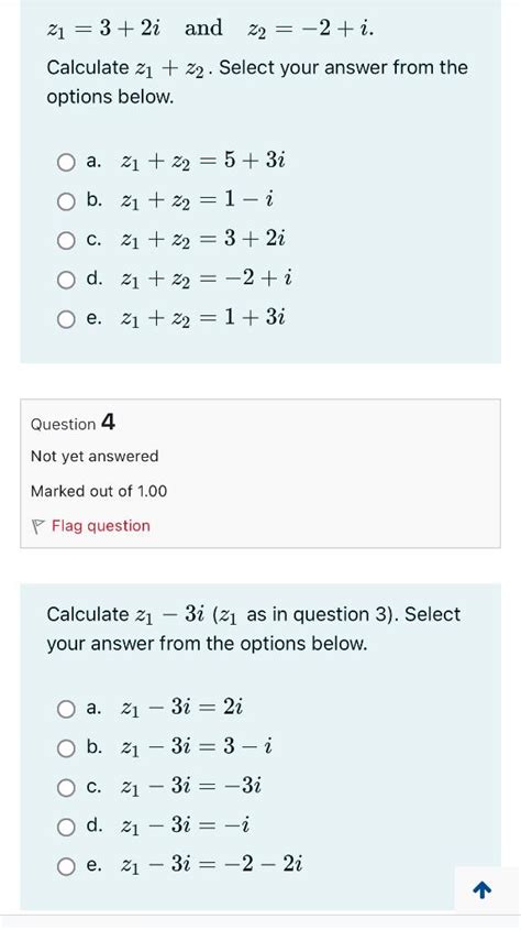 Solved z1=3+2i and z2=−2+i. Calculate z1+z2. Select your | Chegg.com 