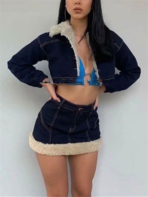 Faux Shearling Denim Two Piece Set Long Sleeve Denim Jacket Fashion