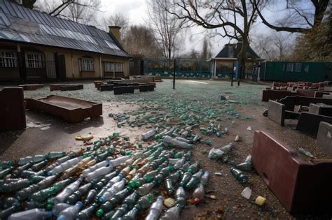 El Patio De Una Escuela Lleno De Botellas Y Envoltorios Rotos Foto