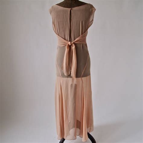 1920 S 30s Dress Nude Sheer Silk Chiffon Bias Cut Siz Gem