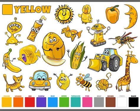 Premium Vector Set With Cartoon Characters And Objects In Yellow