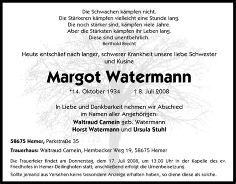 Traueranzeigen Von Margot Watermann Trauer In Nrw De