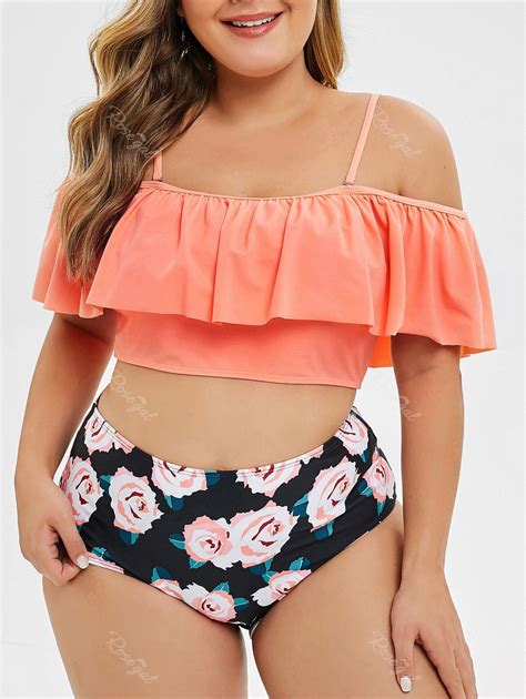 53 OFF Plus Size Ruffle High Waisted Floral Bikini Set Rosegal