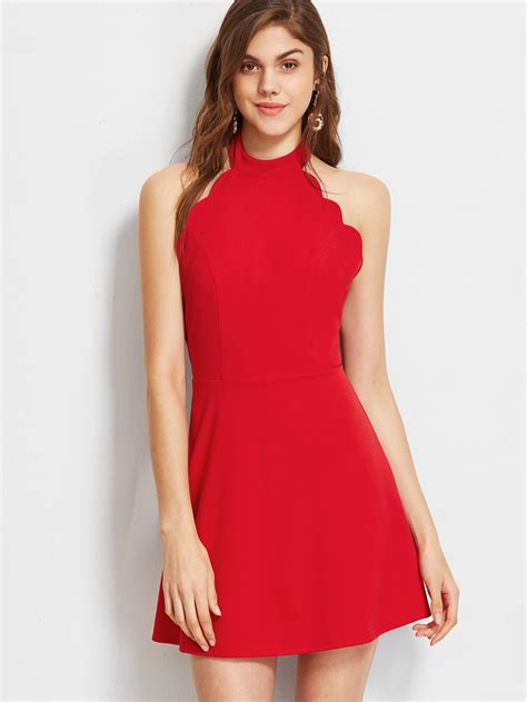 Red Halter Neck Backless Scallop Skater Dress SheIn Sheinside