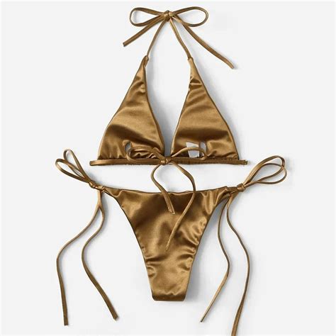 Womens Satin Gold Tie Up Bikini Swimwear Set On Luulla