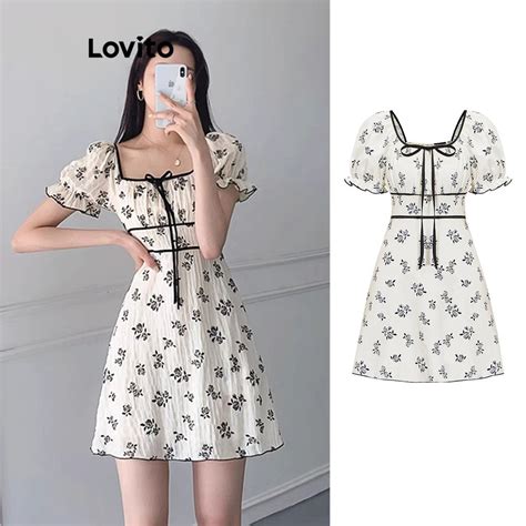 Lovito Casual Ditsy Floral Lace Up Contrast Tape Textured Fabric Dress