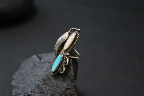 Vintage Sterling Silver Long Ring With Turquoise Mother Of Pearl And