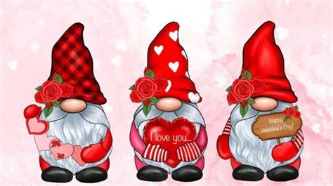 Three Valentine Gnomes With Hearts And Flowers