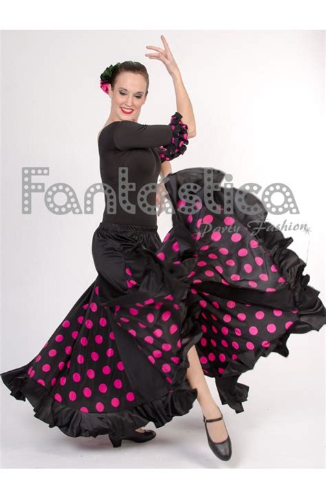 Flamenco And Sevillanas Skirt Black Skirt With Fuchsia Polka Dots And Flounce For Girl And Woman