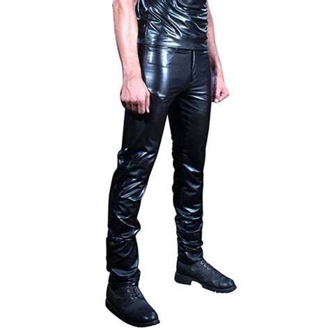 Men Skinny Faux Pu Leather Pants Shiny Black Trousers Nightclub Stage