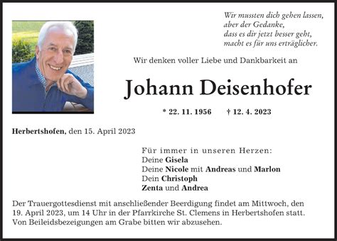 Traueranzeigen Von Johann Deisenhofer Augsburger Allgemeine Zeitung