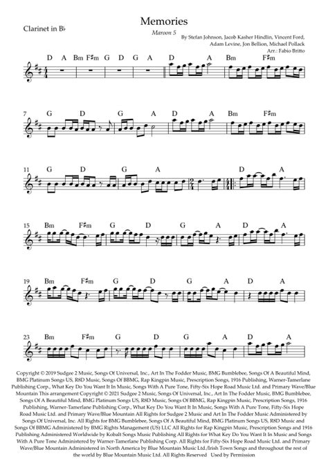 Memories Arr Fabio Britto By Maroon 5 Sheet Music For Clarinet Solo