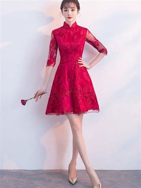 Red Lace A Line Qipao Cheongsam Dress Cozyladywear