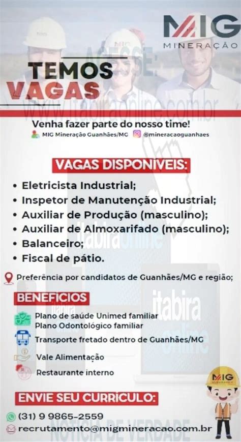 MIG Mineração oferta muitas vagas de emprego nesta terça feira 28