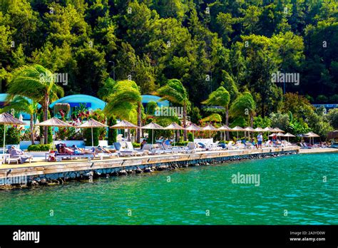 Straw Parasols And Sun Loungers At Yacht Classic Hotel Marina Fethiye