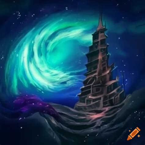 Anime Style Tower Of Babel Surrounded By Roses And Stars