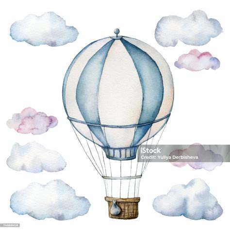 Watercolor Set With Hot Air Balloon And Clouds Hand Painted Sky