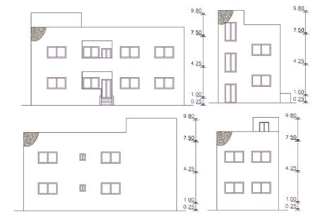 Residence House Building All Side Elevation Design That Shows 2 Storey