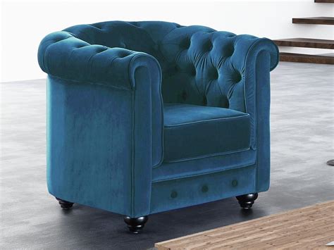 Fauteuil Confort En Velours Bleu Canard Chesterfield