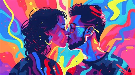 A Vibrant Colorful Illustration Of A Couple Kissing Filled With Dynamic Abstract Patterns