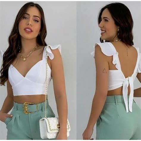 Cropped Feminino Decote em V e babado Top Blusa Corselet Amarração