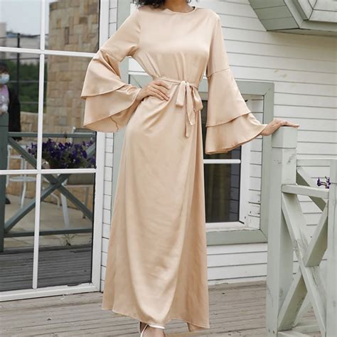 Summer Muslim Women Dress Long Layered Flare Sleeves Satin Abaya