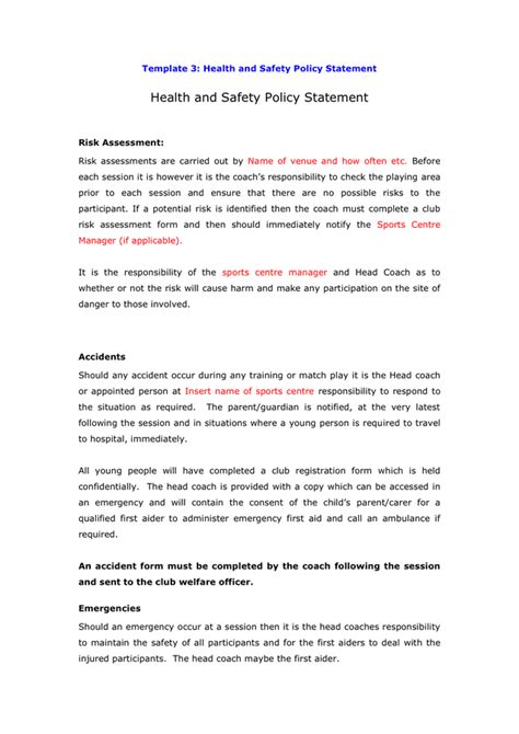 Restaurant Health And Safety Policy Template