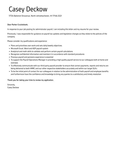 Administrator Payroll Cover Letter Velvet Jobs