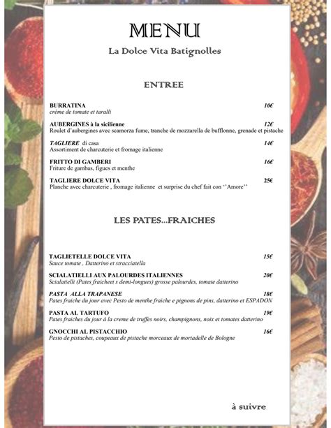 Menu La Dolce Vita Em Paris Thefork